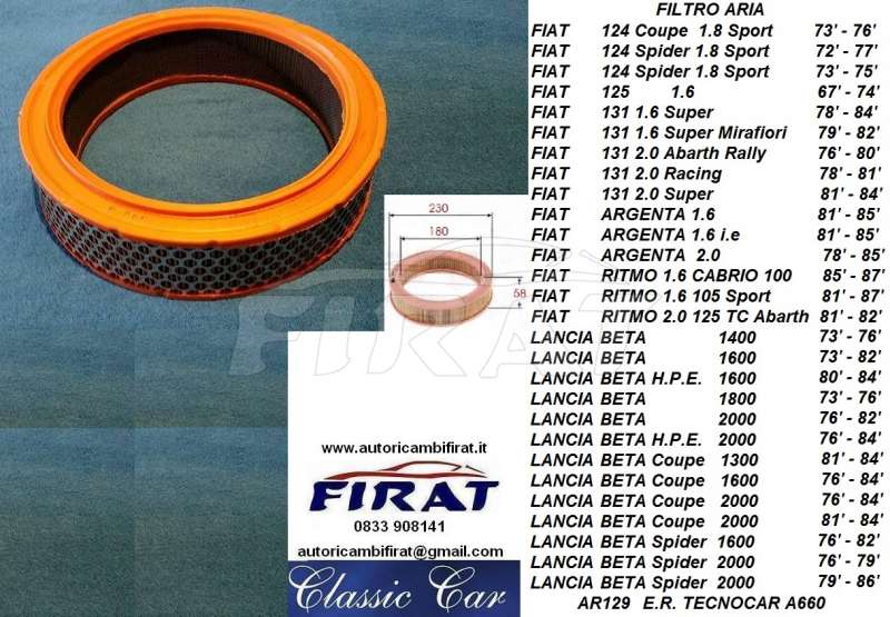 FILTRO ARIA FIAT RITMO ABARTH 124 SPORT 131 RACING (AR129)